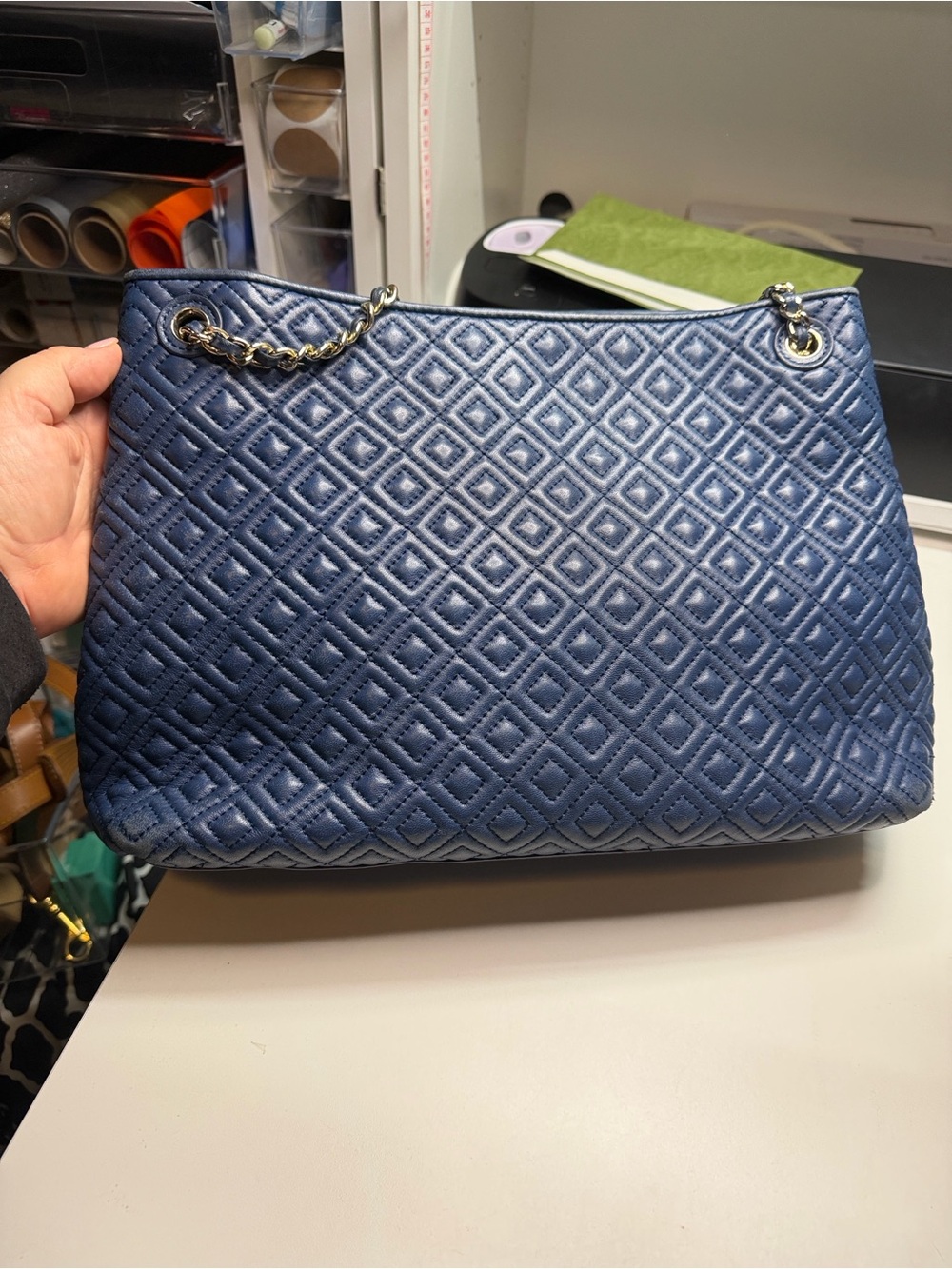 Tory Burch Quilted Tote with Gold Chain Handles in Navy Blue - Picture 4 of 7